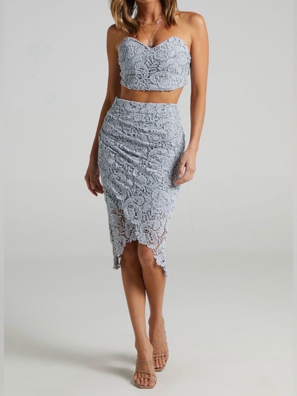 Showpo Daliah Two Piece Set in Dusty Blue Lace